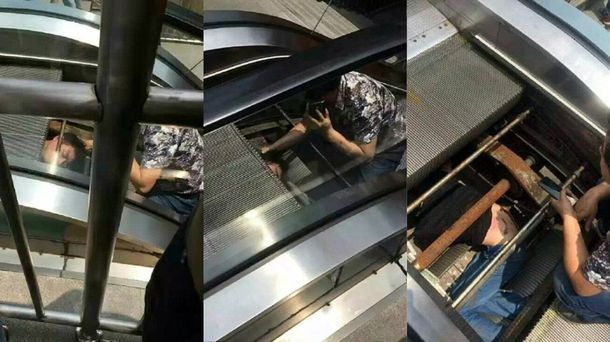 Un hombre quedó atascado adentro de una escalera mecánica en China