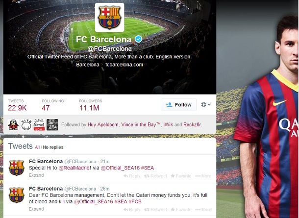 Hackean la cuenta de twitter de Barcelona y le mandan saludos al Real Madrid
