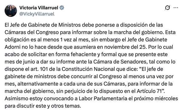 Victoria Villarruel le exige a Manuel Adorni que se presente este mes en el Congreso Victoria Villarruel le exige a Manuel Adorni que se presente este mes en el Congreso