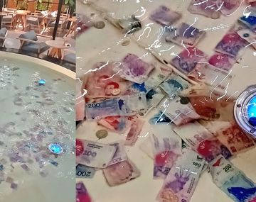 Increíble imagen viral en Rosario: tiran billetes a una fuente por la inflación