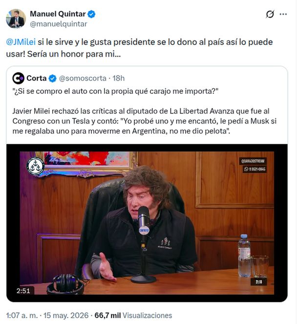 Manuel Quintar le ofreci&oacute; su Tesla de regalo a Javier Milei: "Se lo dono al pa&iacute;s as&iacute; lo puede usar".