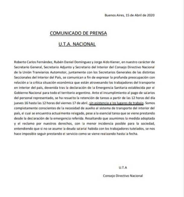 La UTA anunció un sorpresivo paro de colectivos en el interior a partir del mediodía
