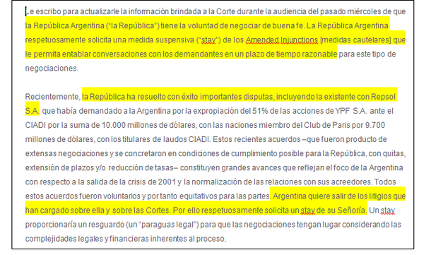 This is the letter presented by Argentina to judge Griesa