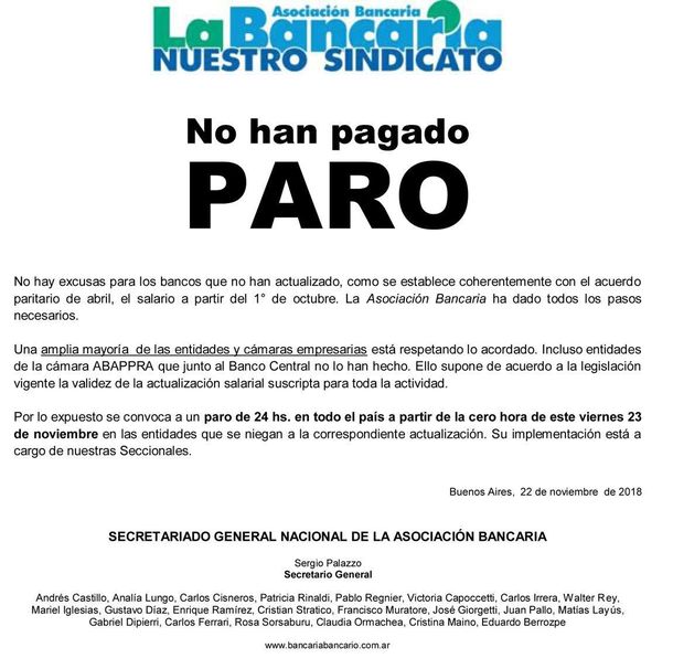 Bancarios anunciaron un paro de 24 horas en algunas entidades para este viernes