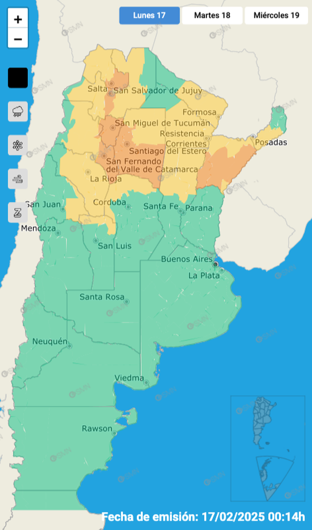 Zonas con alerta por tormentas y granizo este lunes. Fuente: Servicio Meteorológico Nacional.