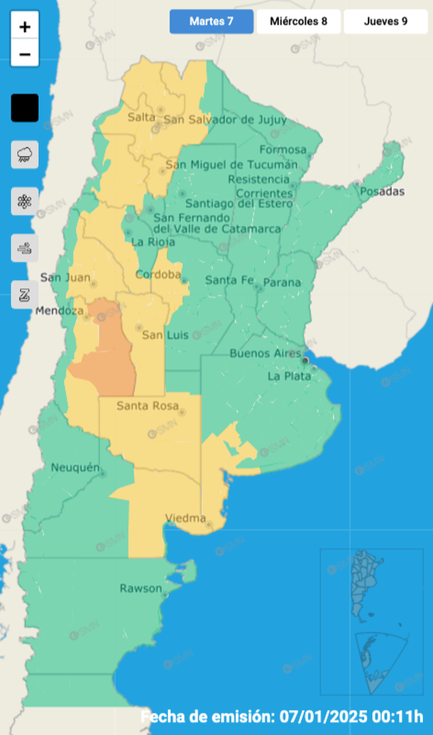 Alerta por tormentas fuertes y granizo en Buenos Aires y otras once provincias. Fuente: Servicio Meteorol&oacute;gico Nacional.