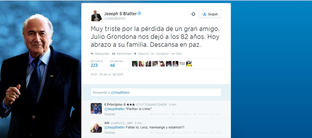 Blatter: Muy triste por la pérdida de un gran amigo