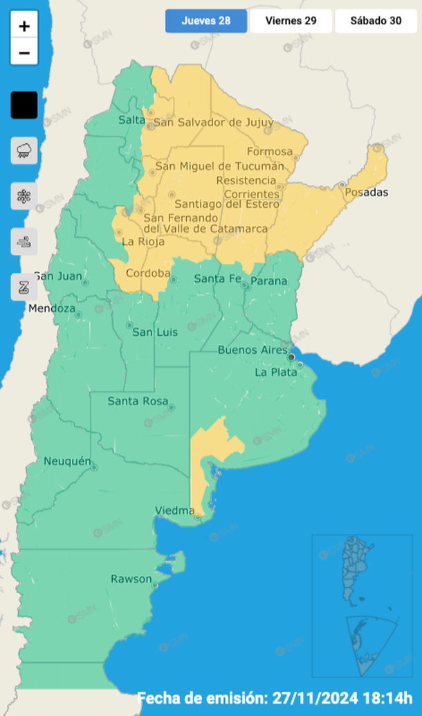 Alerta por tormentas y granizo este jueves en Buenos Aires y otras doce provincias. Fuente: Servicio Meteorológico Nacional. Alerta por tormentas y granizo este jueves en Buenos Aires y otras doce provincias. Fuente: Servicio Meteorológico Nacional.