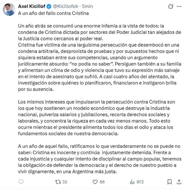 El mensaje de Axel Kicillof a un año del fallo contra Cristina Kirchner El mensaje de Axel Kicillof a un año del fallo contra Cristina Kirchner