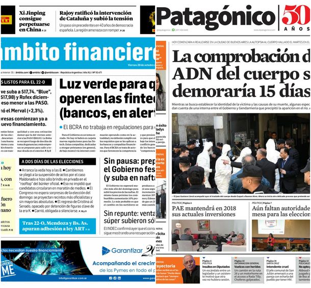 Tapas de diarios del viernes 20 de octubre de 2017