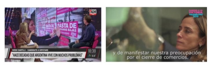 A la izquierda, la foto quitada de contexto durante el programa de A24; a la derecha, una captura de la campaña de Tolosa Paz en 2019