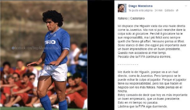 Maradona sobre Higuaín: Me duele... pero tampoco se le puede echar la culpa