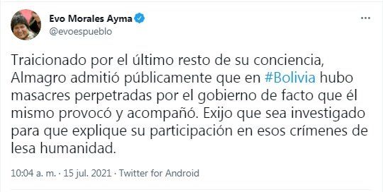 El mensaje de Evo Morales sobre Luis Almagro, titular de la OEA