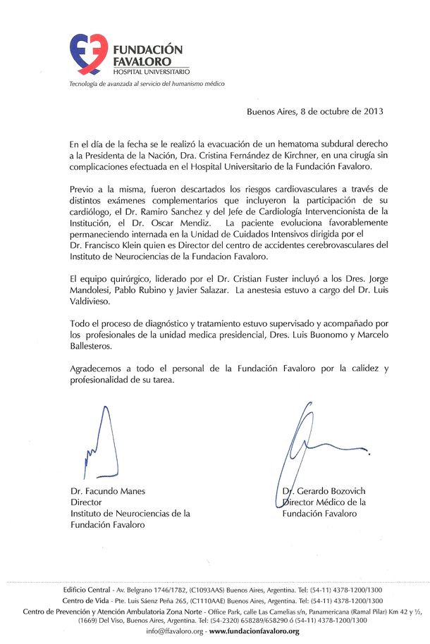 Éste es el parte médico sobre la operación de Cristina Fernández