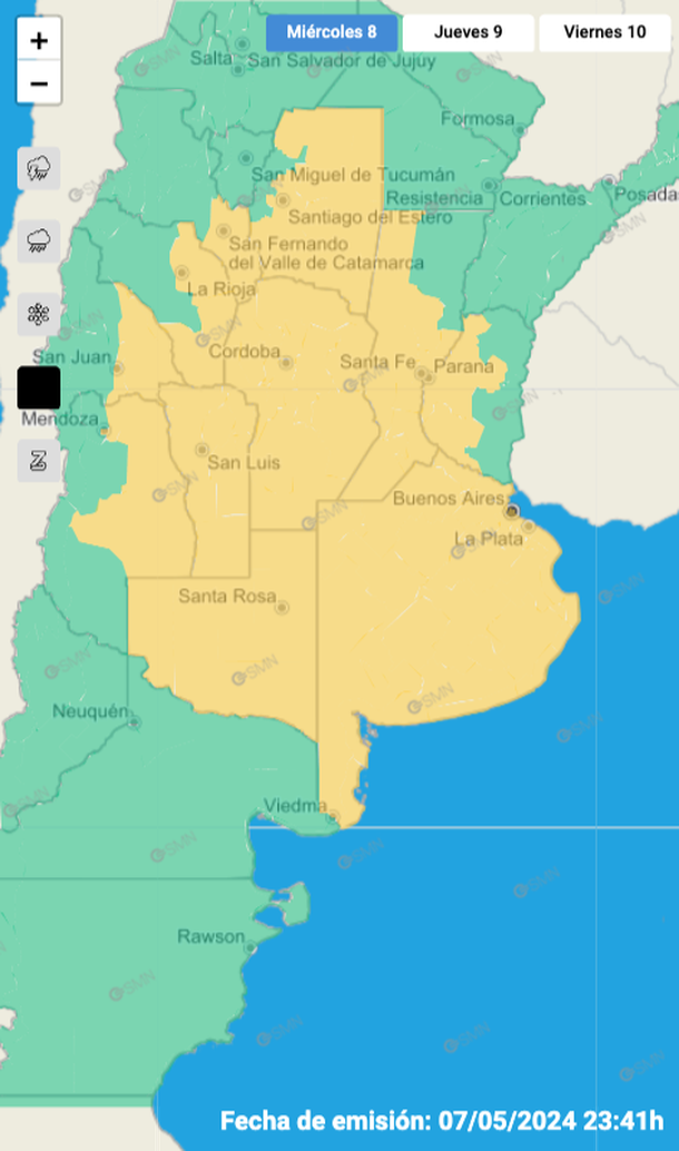 Alerta por viento fuerte en Buenos Aires y medio país. Fuente: Servicio Meteorológico Nacional. Alerta por viento fuerte en Buenos Aires y medio país. Fuente: Servicio Meteorológico Nacional.
