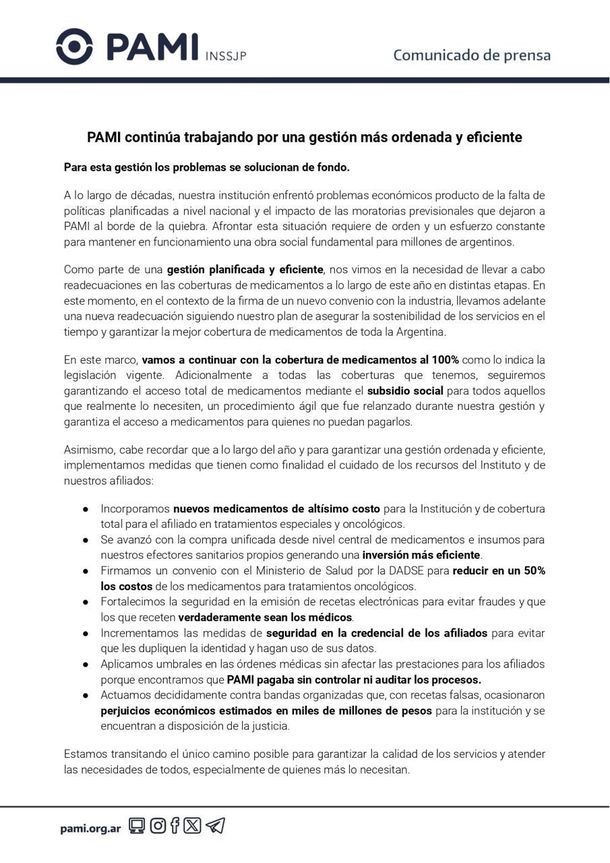 El comunicado de PAMI sobre la cobertura de medicamentos