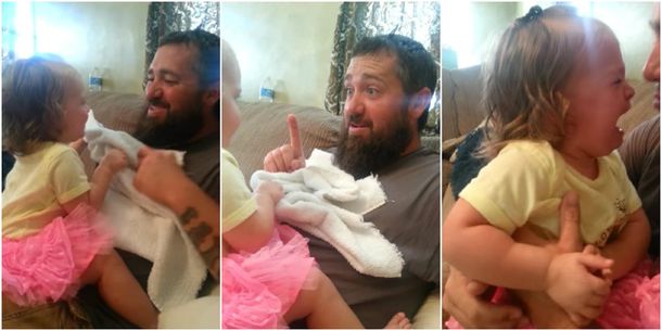 ¿Dónde está papá? Una bebé llora desconsolada por la broma de su padre