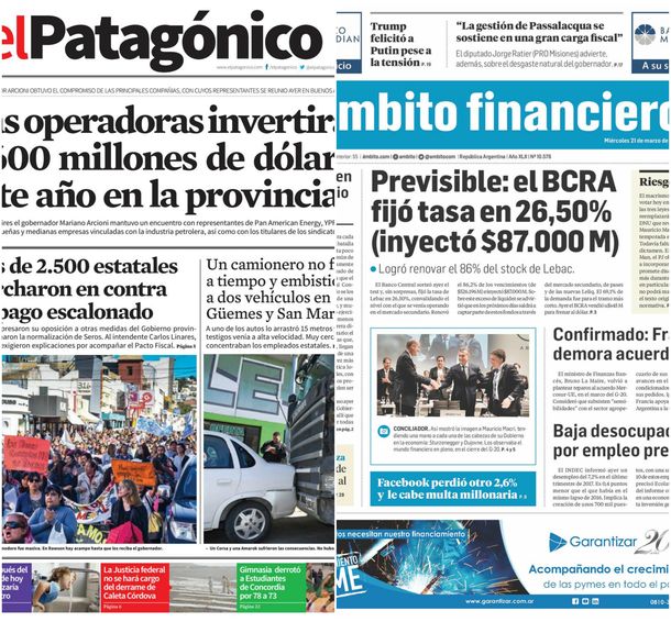 Tapas de diarios del miércoles 21 de marzo de 2018