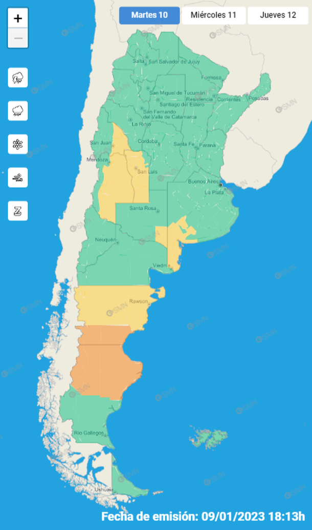 Mapa de alertas por lluvias, tormentas y granizo para varias zonas del país. Fuente: Servicio Meteorológico Nacional.