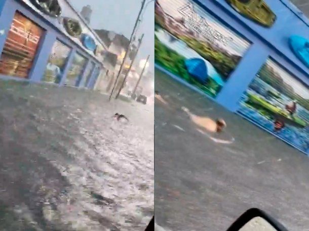 Lanús: un hombre se puso a nadar en las calles inundadas