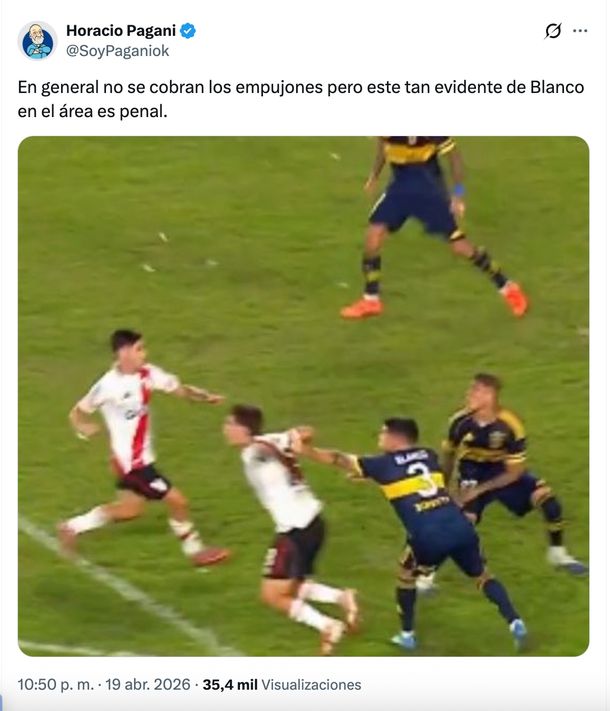El tuit de Horacio Pagani sobre la polémica en el Superclásico entre River y Boca. El tuit de Horacio Pagani sobre la polémica en el Superclásico entre River y Boca.