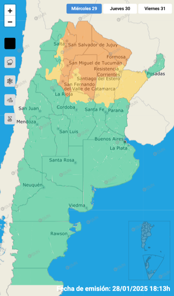 Alerta por tormentas fuertes y granizo este miércoles en diez provincias. Fuente: Servicio Meteorológico Nacional. Alerta por tormentas fuertes y granizo este miércoles en diez provincias. Fuente: Servicio Meteorológico Nacional.