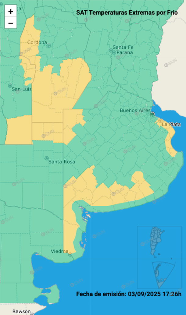 Alerta por frío extremo en parte de la provincia de Buenos Aires. Fuente: Servicio Meteorológico Nacional. Alerta por frío extremo en parte de la provincia de Buenos Aires. Fuente: Servicio Meteorológico Nacional.
