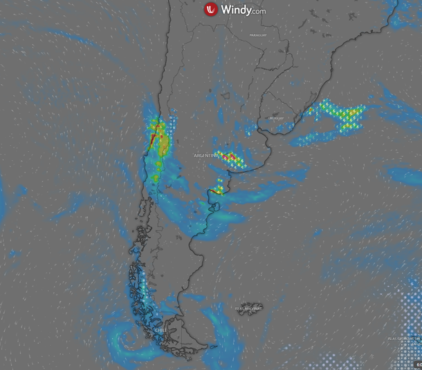 Captura satelital del radar meteorológico Windy.com que muestra en colores vivos la intensidad de las tormentas y la actividad eléctrica avanzando sobre Argentina y países limítrofes. Captura satelital del radar meteorológico Windy.com que muestra en colores vivos la intensidad de las tormentas y la actividad eléctrica avanzando sobre Argentina y países limítrofes.