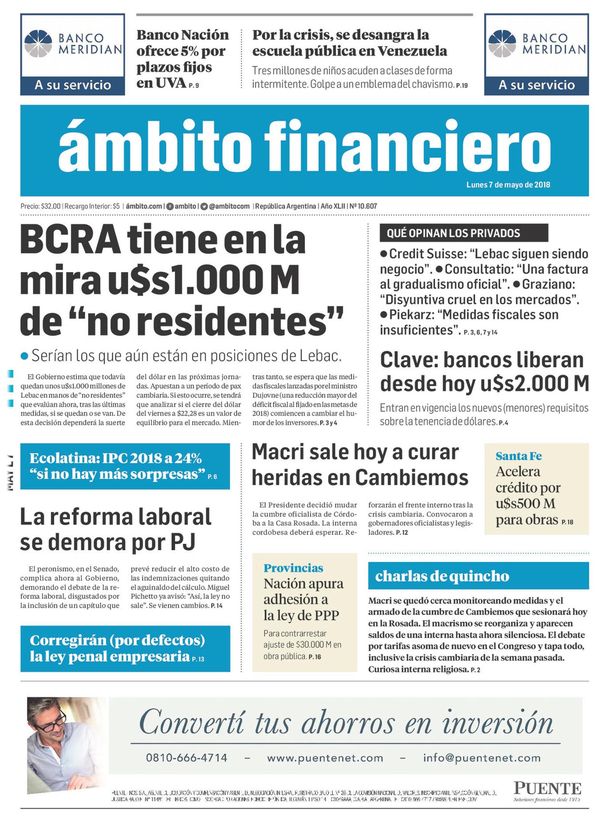 Tapas de diarios del lunes 7 de mayo de 2018