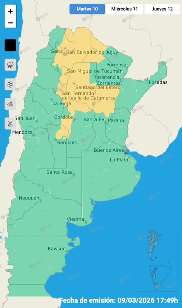 El informe del Servicio Meteorol&oacute;gico Nacional por tormentas con granizo para este martes.