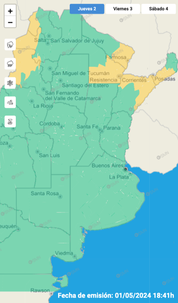 Alerta por tormentas, granizo y viento en varias zonas del país. Fuente: Servicio Meteorológico Nacional. Alerta por tormentas, granizo y viento en varias zonas del país. Fuente: Servicio Meteorológico Nacional.