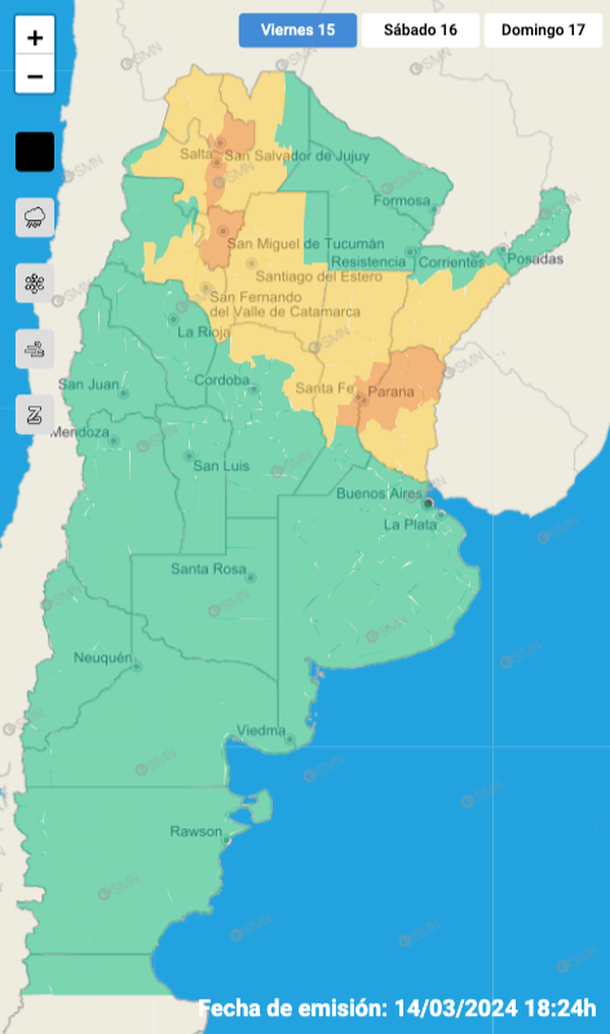 Alerta por tormentas y granizo este viernes en varias zonas del país. Fuente: Servicio Meteorológico Nacional. Alerta por tormentas y granizo este viernes en varias zonas del país. Fuente: Servicio Meteorológico Nacional.