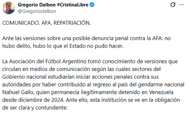 Comunicado de la AFA sobre la liberación de Nahuel Gallo Comunicado de la AFA sobre la liberación de Nahuel Gallo