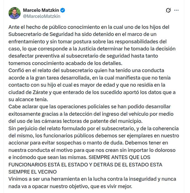 Detuvieron tras un tiroteo al hijo del subsecretario de Seguridad de Zárate: tenía pedido de captura por robo