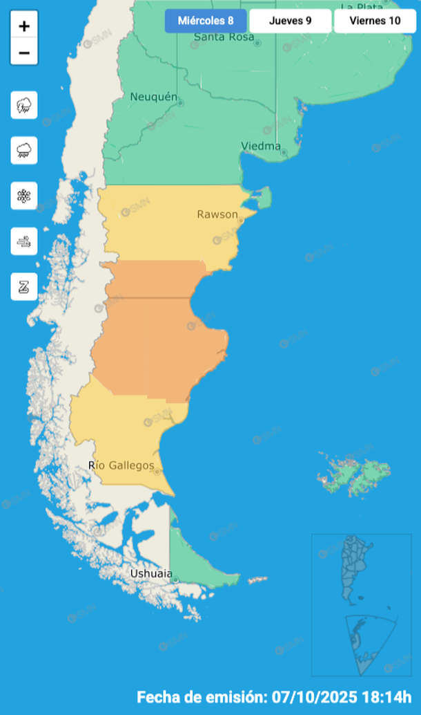 Zonas con alerta por lluvias y viento este miércoles. Fuente: Servicio Meteorológico Nacional. Zonas con alerta por lluvias y viento este miércoles. Fuente: Servicio Meteorológico Nacional.