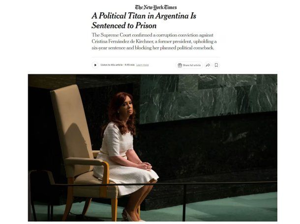 El título del New York Times por la condena a Cristina Kirchner: Titana