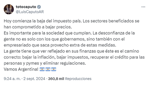 El mensaje de Luis Caputo tras la baja en el Impuesto PAIS para importaciones El mensaje de Luis Caputo tras la baja en el Impuesto PAIS para importaciones