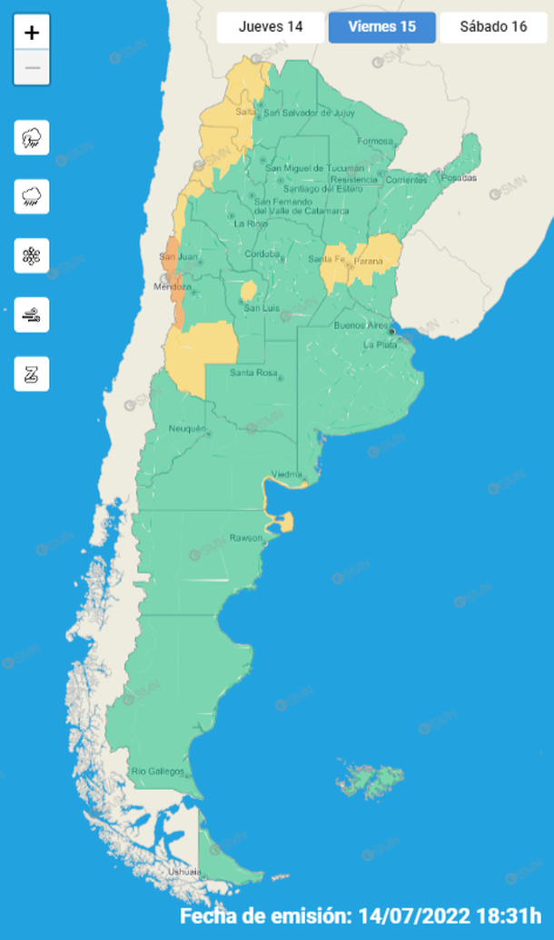 Alertas por tormentas, lluvias y granizo en diferentes provincias. Fuente: Servicio Meteorológico Nacional (SMN).