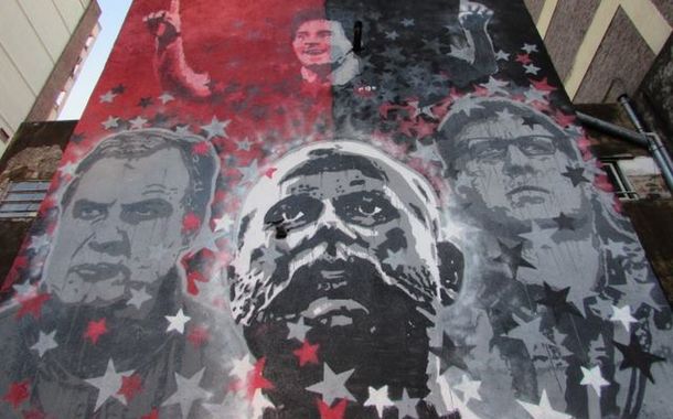 Messi, Bielsa y Martino, juntos en un mural en Rosario