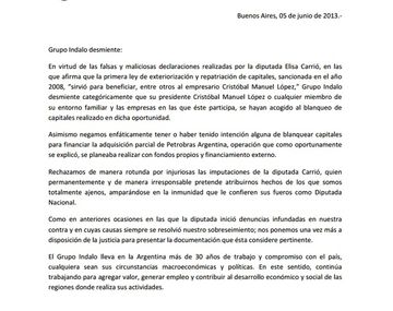 El Grupo Indalo desmintió las acusaciones de Carrió