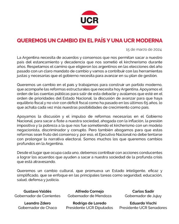 El comunicado de la UCR luego de que Martín Lousteau votara en contra del DNU en el Senado