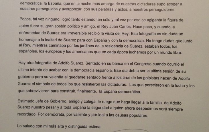 Cristina Kirchner envió una carta al gobierno español por el fallecimiento de Adolfo Suárez