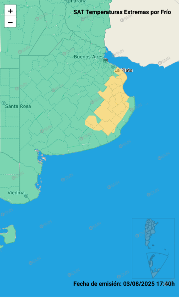 Zonas afectadas por el alerta por frío extremo en Buenos Aires. Fuente: Servicio Meteorológico Nacional. Zonas afectadas por el alerta por frío extremo en Buenos Aires. Fuente: Servicio Meteorológico Nacional.