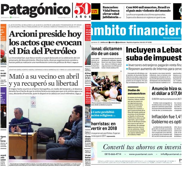 Tapas de diarios del miércoles 13 de diciembre de 2017