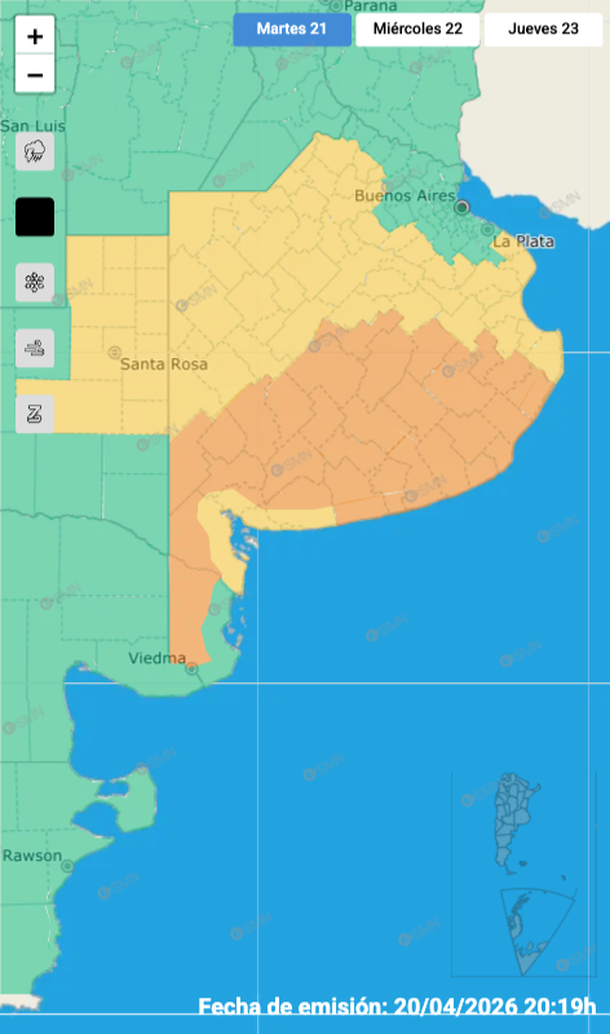 Alerta por lluvias fuertes en Buenos Aires y La Pampa. Fuente: Servicio Meteorol&oacute;gico Nacional.