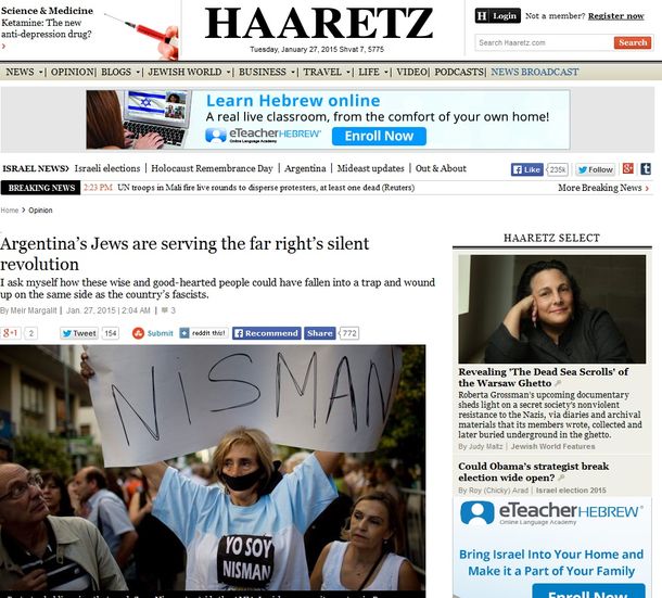 Columnista de diario israelí sostiene que muerte de Nisman es una venganza contra los Kirchner