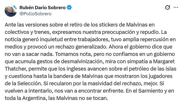 Publicación de Rubén 'Pollo' Sobrero. Publicación de Rubén 'Pollo' Sobrero.