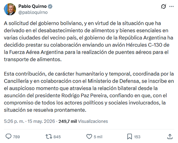 La palabra de Pablo Quirno tras la decisión de Argentina de mandar el avión Hércules C-130 a Bolivia. La palabra de Pablo Quirno tras la decisión de Argentina de mandar el avión Hércules C-130 a Bolivia.