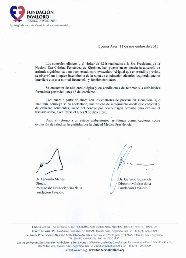 Este es el nuevo parte médico de Cristina Fernández