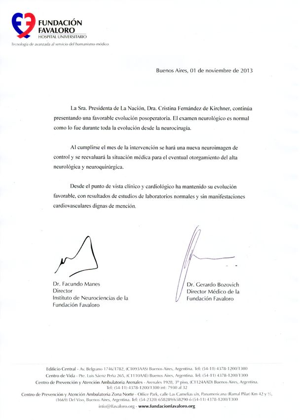 Este es el nuevo parte médico de la Presidente